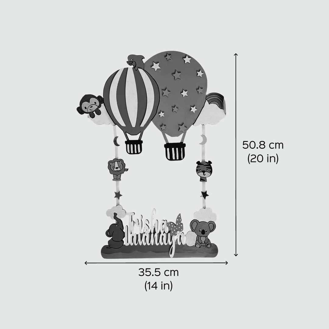 Personalized Handmade Jungle Theme Mdf Wood Name Plate - Dimension Chart with Front View