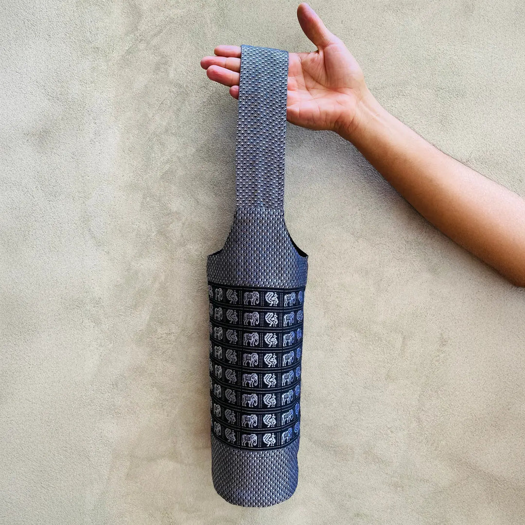 Handmade Grey Elephant & Peacock Motif Khunn Fabric Cotton Bottle Holder