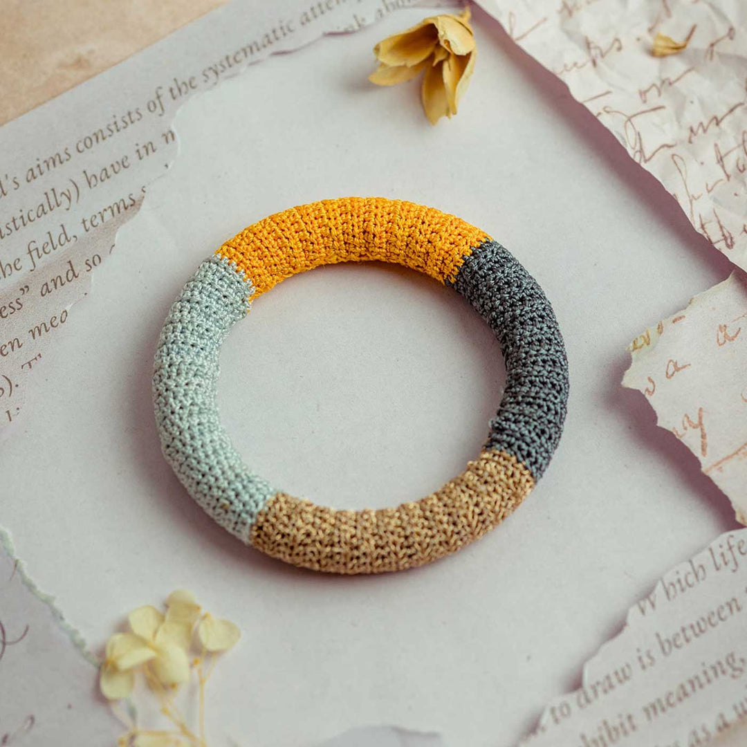 Handmade Crochet Rangat Orange And Grey Colour Block Bangle