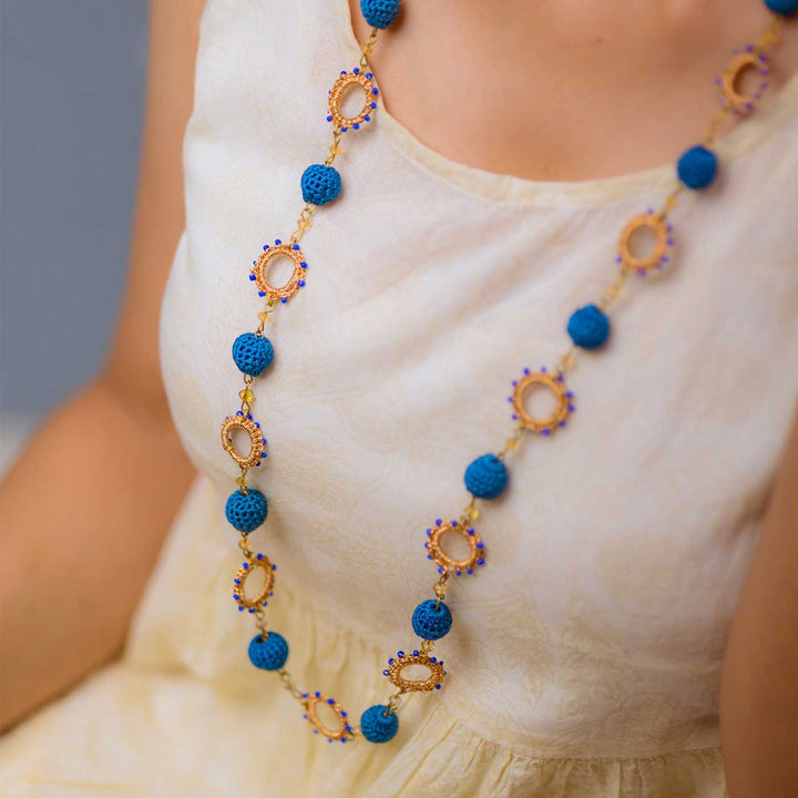 Handmade Crochet Cobalt Blue Metallic Cheer Necklace