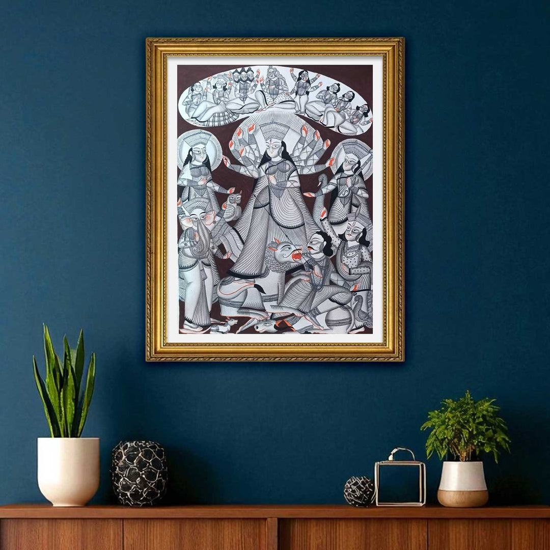 30 x 22 Inch | Durga Puja Themed | Original Hand Painted Kalighat Painting | Natural Pigment On Paper
