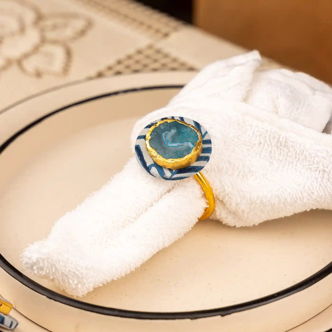 Blue Cotton Fabric Coated MDF Napkin Ring & Coaster Set With Agate Accent Table Style | Set of 4
