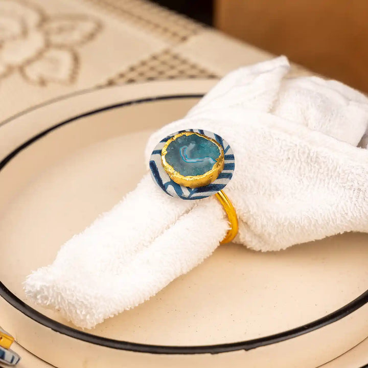 Blue Cotton Fabric Coated MDF Napkin Ring & Coaster Set With Agate Accent Table Style | Set of 4