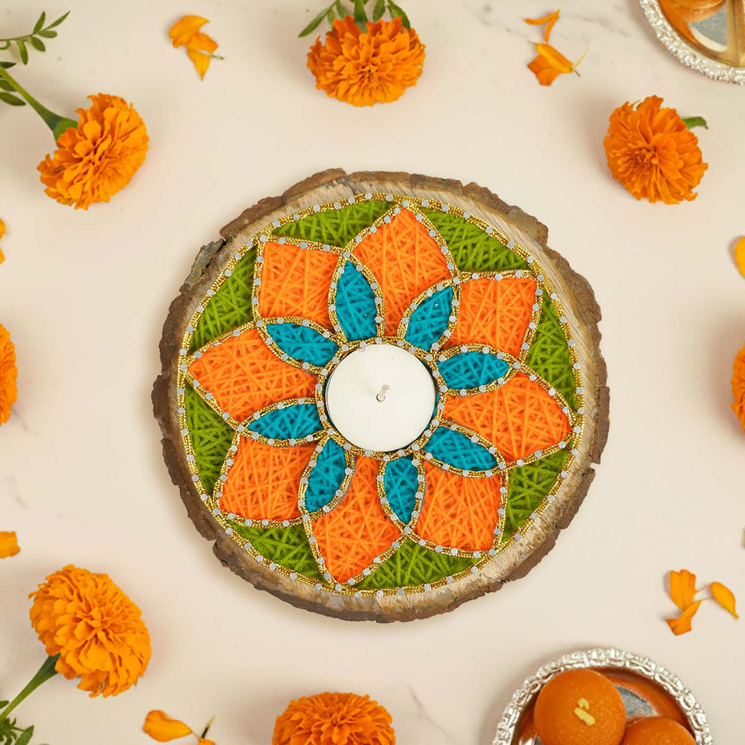 Handmade String Art Orange And Green Flower Design Mdf Wood Tealight Holder