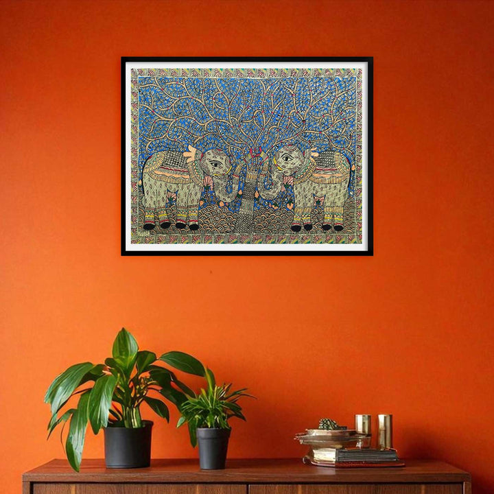 22 x 30 Inch | Elephants Under The Tree | Original Hand Painted Madhubani Painting | Natural Pigments On Paper