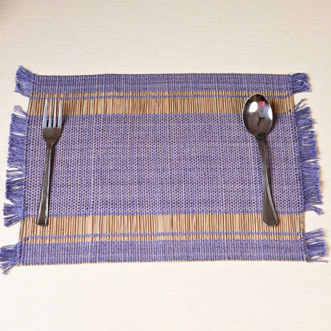 Hand Woven Double Striped Madhurkati Blue Table Mat | 15 x 11 inch