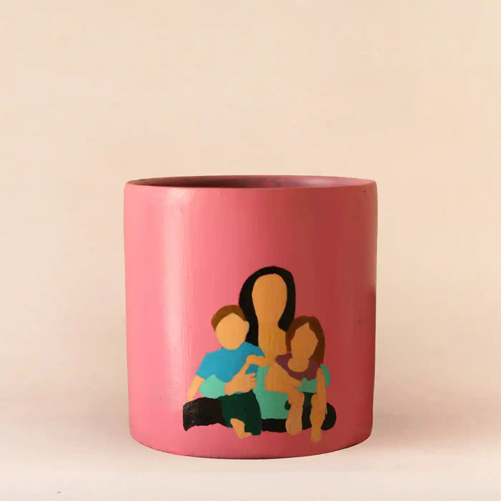 Customized Hand-Painted Mother With Two Kids Terracotta Planter