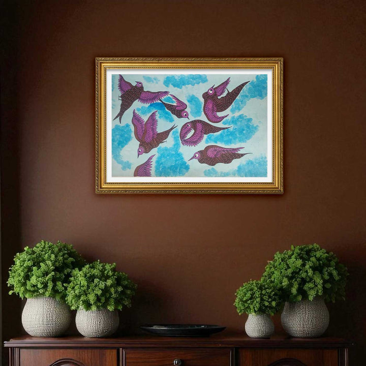 16 x 23 Inch | Playing Birds In Sky | Original Hand Painted Tribal Gond Art Painting | Acrylic Paints On Paper