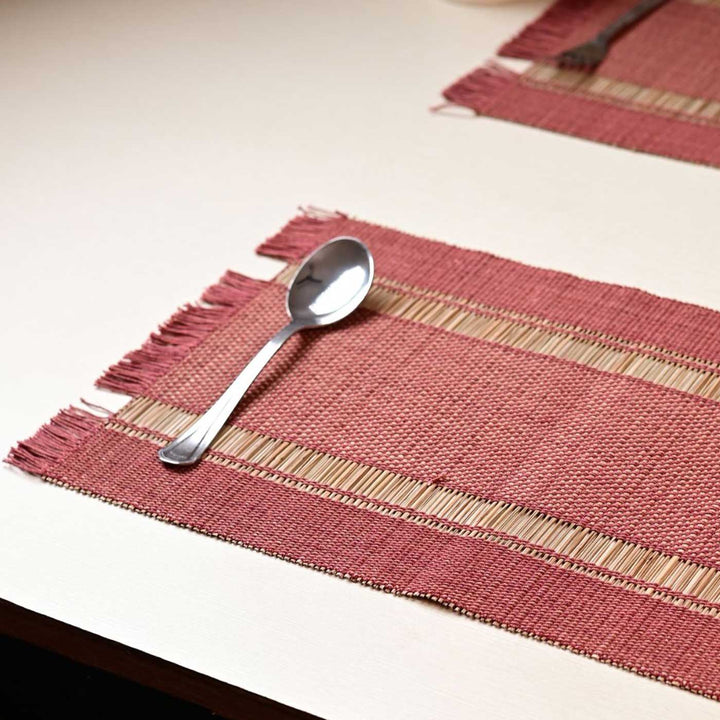 Hand Woven Double Striped Madhurkati Red Table Mat | 15 x 11 inch