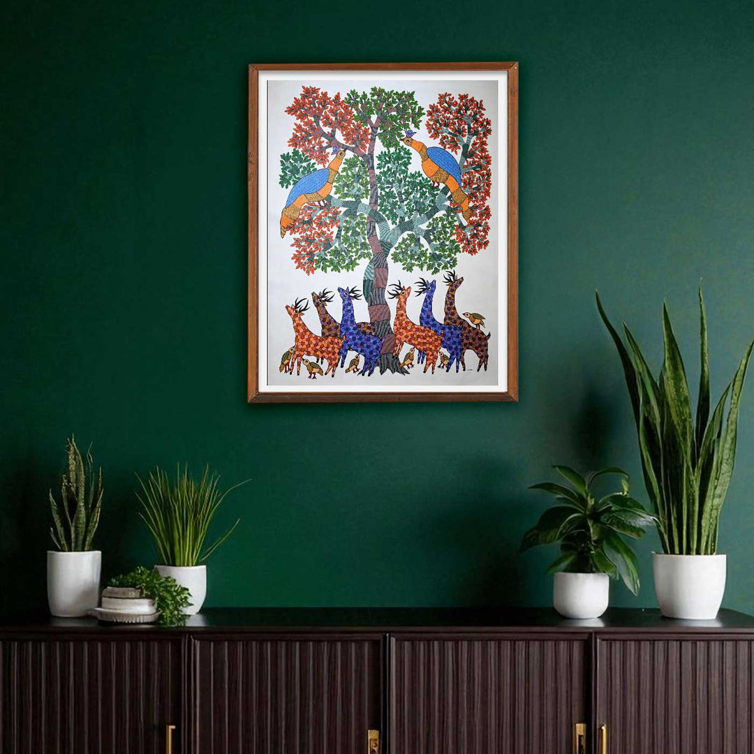 15 x 22 Inch | Peacock, Deers & Birds| Original Hand Painted Tribal Gond Art Painting | Acrylic Paints On Canvas