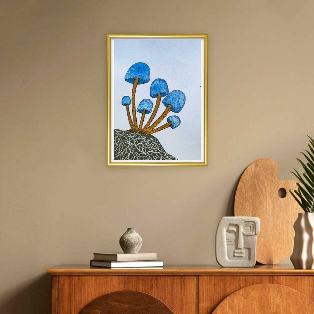 8 x 11 Inch | Blue Mashroom | Original Hand Painted Tribal Gond Art Painting | Acrylic Paints On Paper