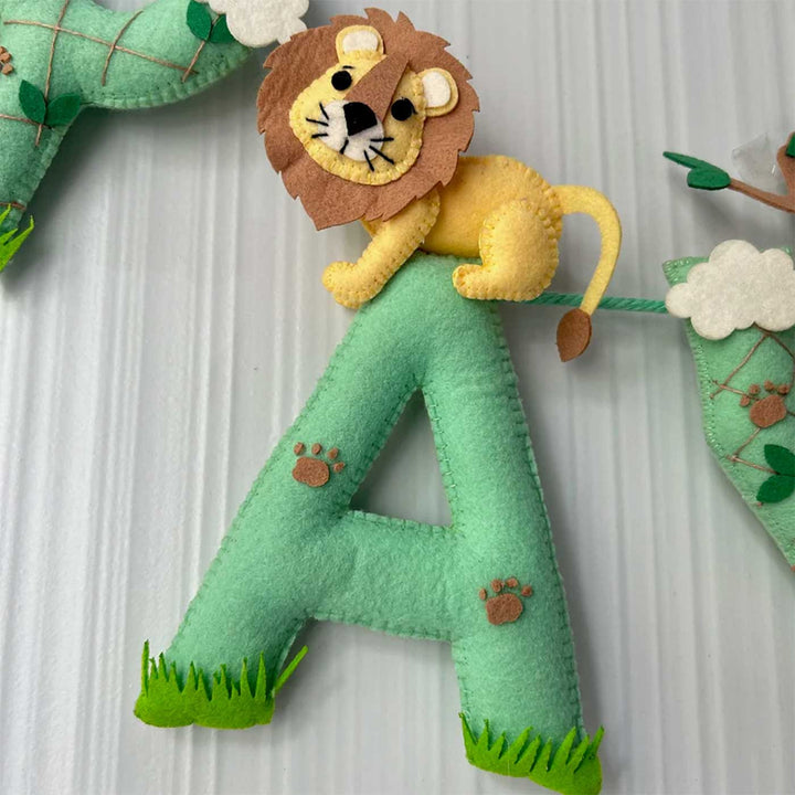 Personalized King Of The Jungle Felt Bunting Garland For Kids - Front View with Lion on Letter