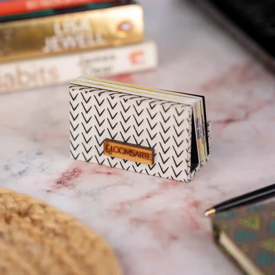 Black And White Cotton Fabric Coated MDF Visiting Card Holder With Agate Accent