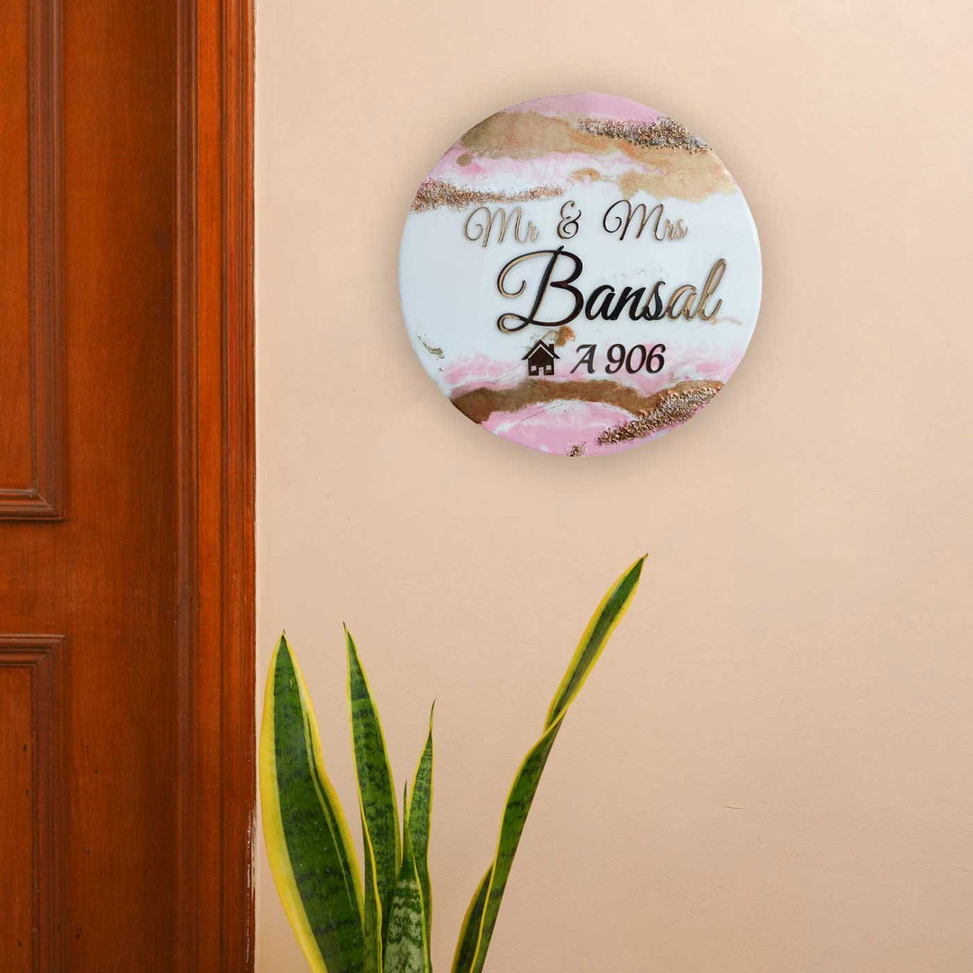 Personalized Round Pink & White Resin Name Plate