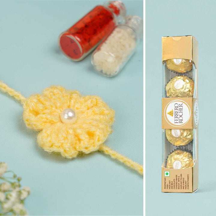 Customized Handmade Crochet Floral Rakhi With Roli Chawal For Brother - Front View of Yellow Rakhi with Accessories