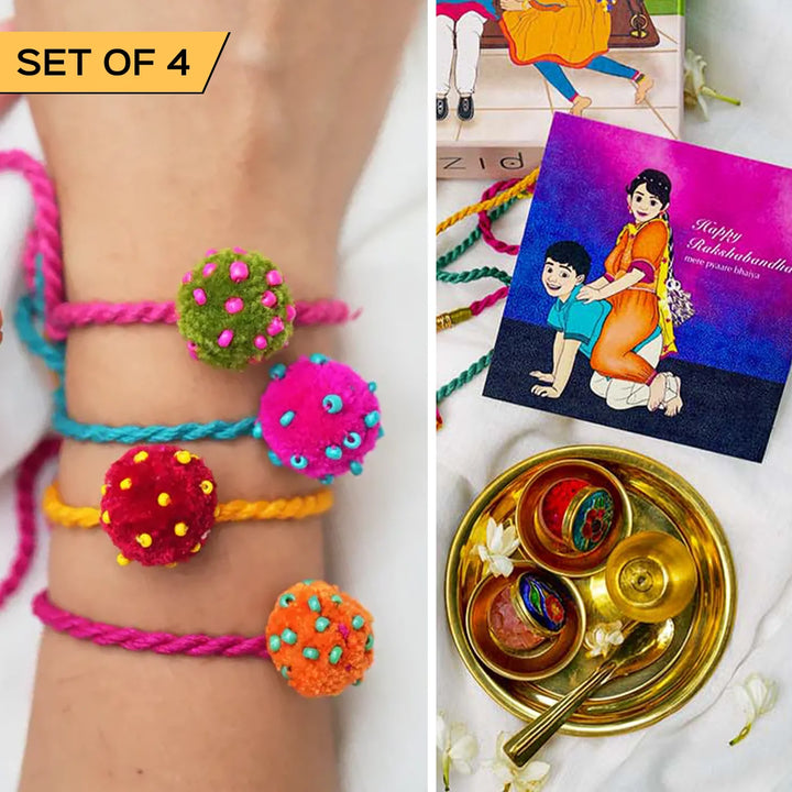 4 pc Rakhi + Brass Thali Set | Premium Mini Laddoo Beaded Pom Pom Rakhi Set with Roli Chawal