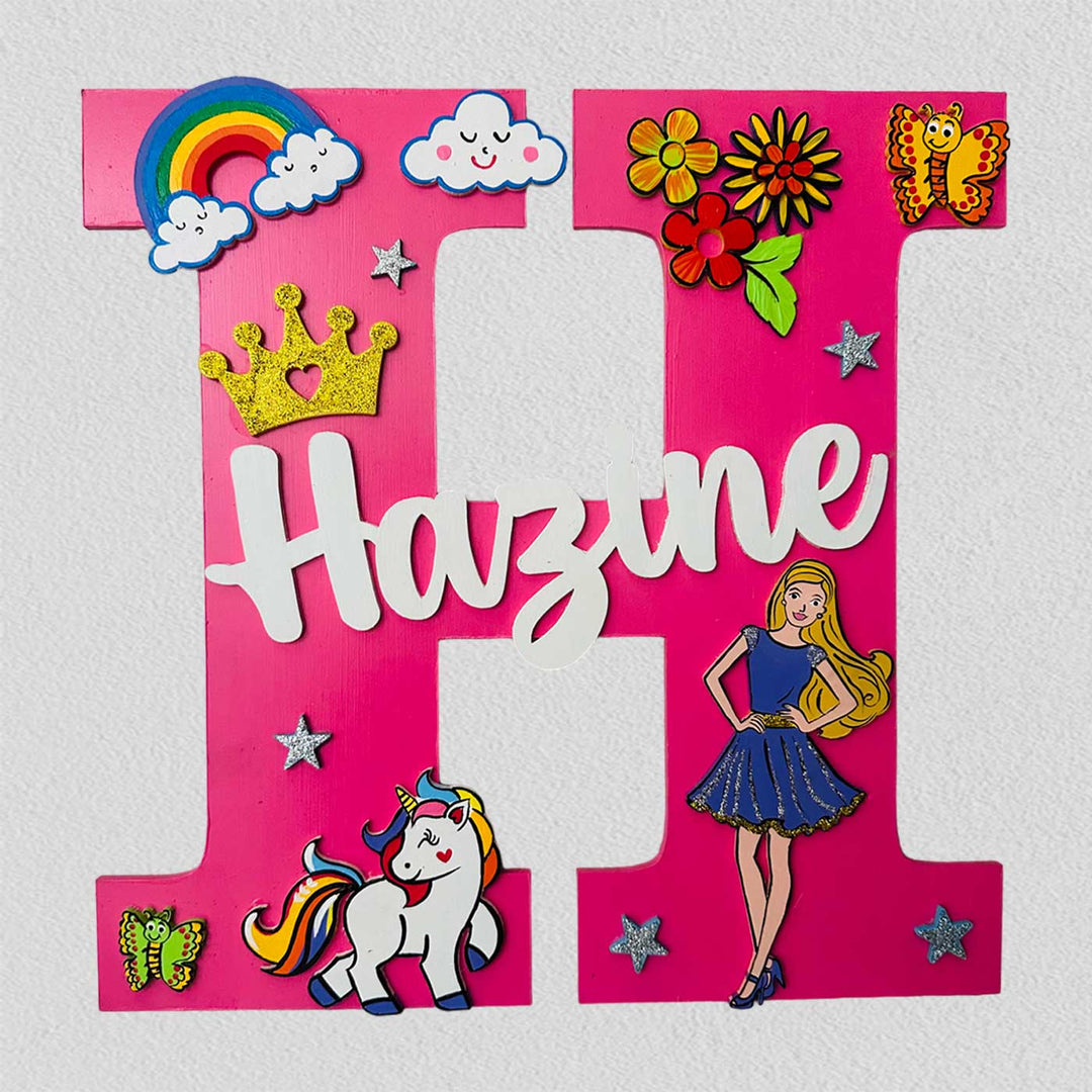 Personalized Hand Painted Barbie And Unicorn Magic Mdf Wood Monogram With 3D Letters - Front View with Name Personalization