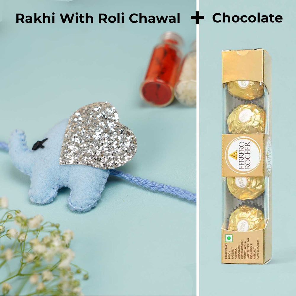 Handmade Glitter Elephant Felt Rakhi With Roli Chawal - Elephant Rakhi Front View with Chocolates (2)