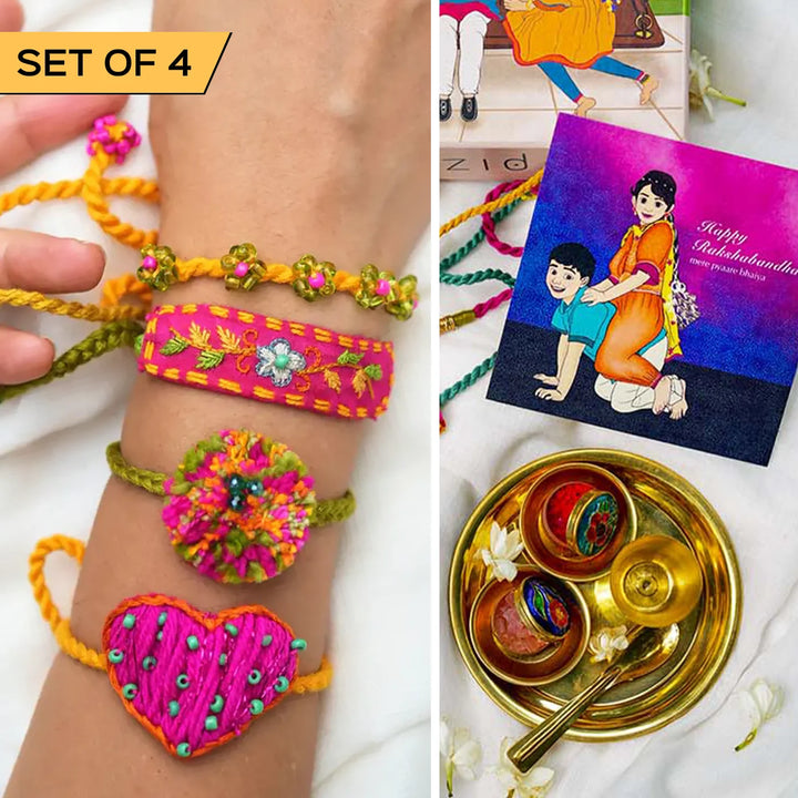 4 pc Rakhi + Brass Thali Set | Premium Atrangi Pom Pom Embroidered & Beaded Rakhi Set with Roli Chawal