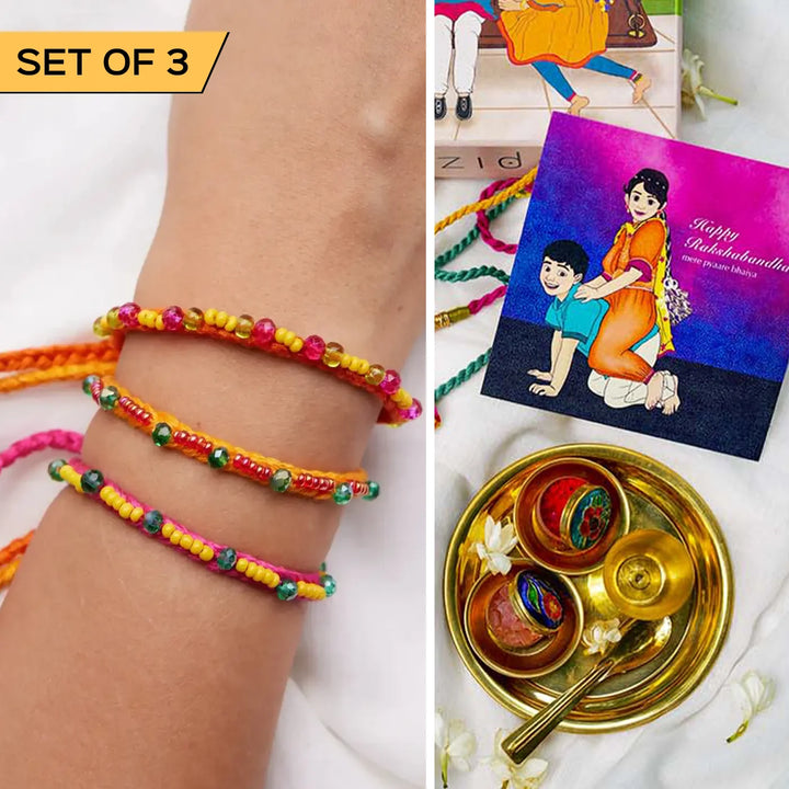 3 pc Rakhi + Brass Thali Set | Premium Manku Beaded Minimalist Rakhi Set with Roli Chawal