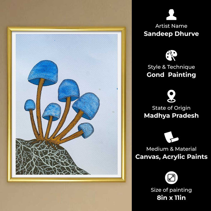8 x 11 Inch | Blue Mashroom | Original Hand Painted Tribal Gond Art Painting | Acrylic Paints On Paper