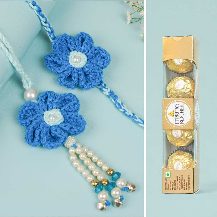 Customized Handmade Crochet Rubi Petal Floral Bhaiya Bhabhi Rakhi With Roli Chawal - Crochet flowers with chocolate packaging (3)
