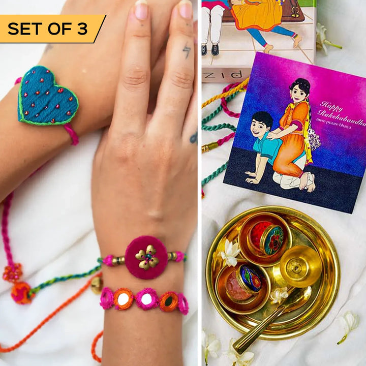 3 pc Rakhi + Brass Thali Set | Premium Only Love Mirror Work & Embroidery Rakhi Set with Roli Chawal