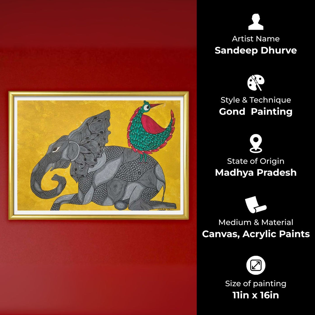 11 x 16 Inch | Wild Companionship Of Elephant & Bird | Original Hand Painted Tribal Gond Art Painting | Acrylic Paints On Paper