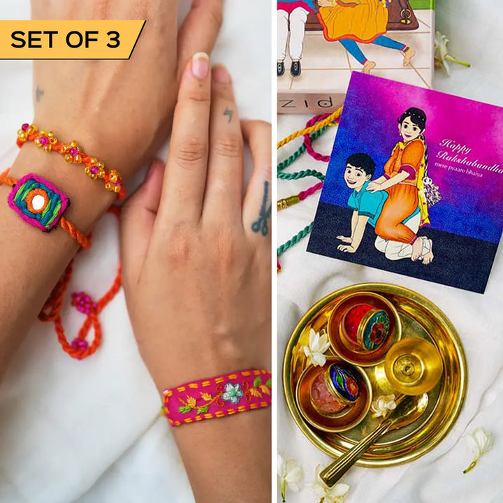 3 pc Rakhi + Brass Thali Set | Premium Patola Embroidered & Beaded Rakhi Set with Roli Chawal
