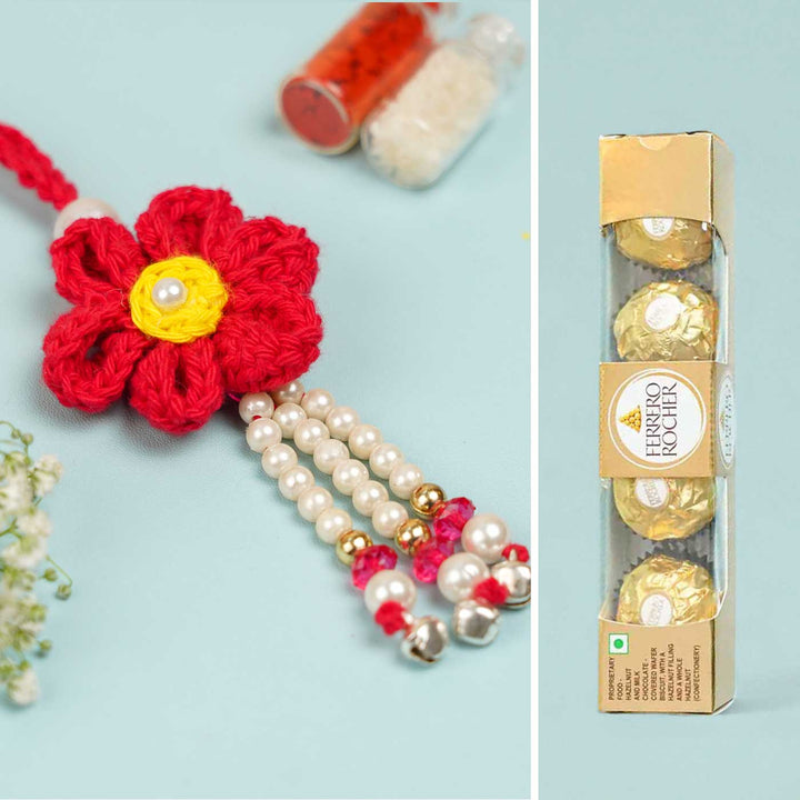 Customized Handmade Crochet Rubi Petal Floral Rakhi With Roli Chawal For Brother - Front View with Packaging