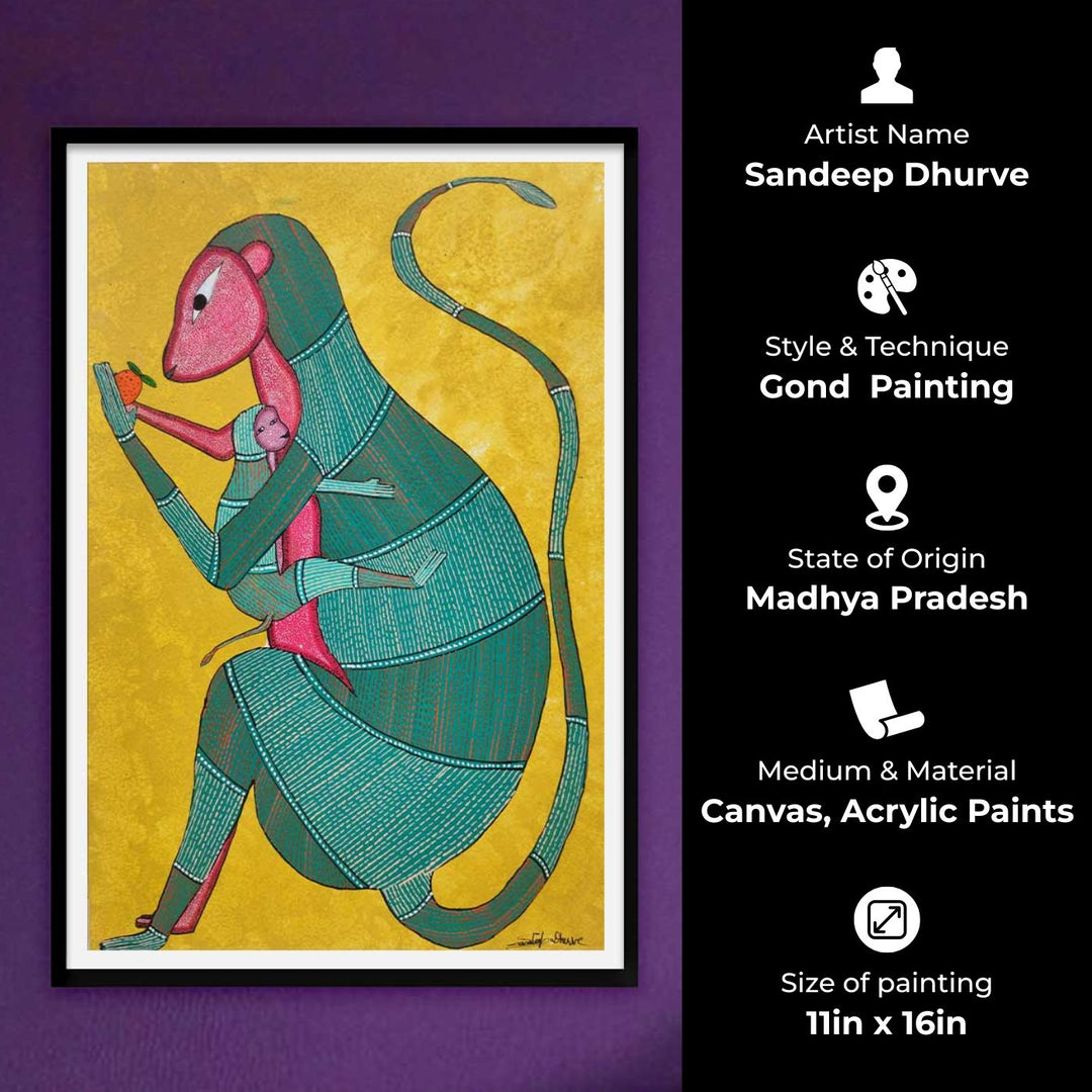 11 x 16 Inch | Mother’s Embrace Monkey & Baby | Original Hand Painted Tribal Gond Art Painting | Acrylic Paints On Paper