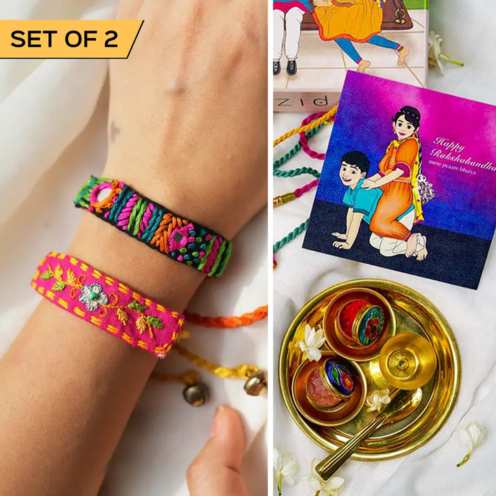 2 pc Rakhi + Brass Thali Set | Premium Rabari Embroidered Floral Rakhi Set with Roli Chawal