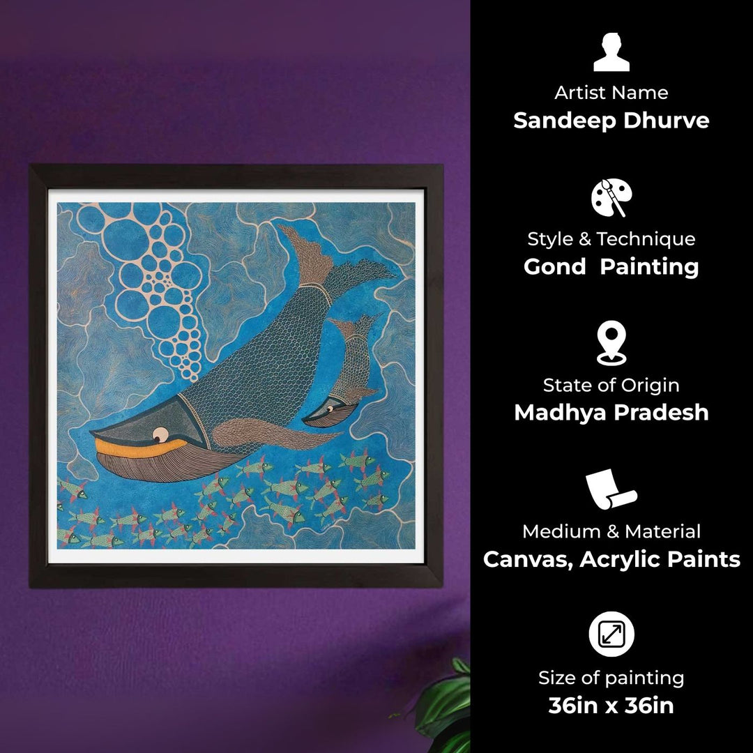 36 x 36 Inch | Mother & Calf Whale Deep Sea Bond | Original Hand Painted Tribal Gond Art Painting | Acrylic Paints On Canvas