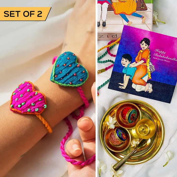 2 pc Rakhi + Brass Thali Set | Premium Only Love Embroidered Heart Shaped Rakhi Set with Roli Chawal