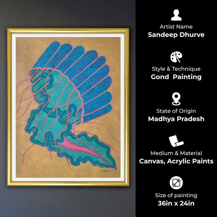 36 x 24 Inch | Sea Spirit Jellyfish | Original Hand Painted Tribal Gond Art Painting | Acrylic Paints On Canvas