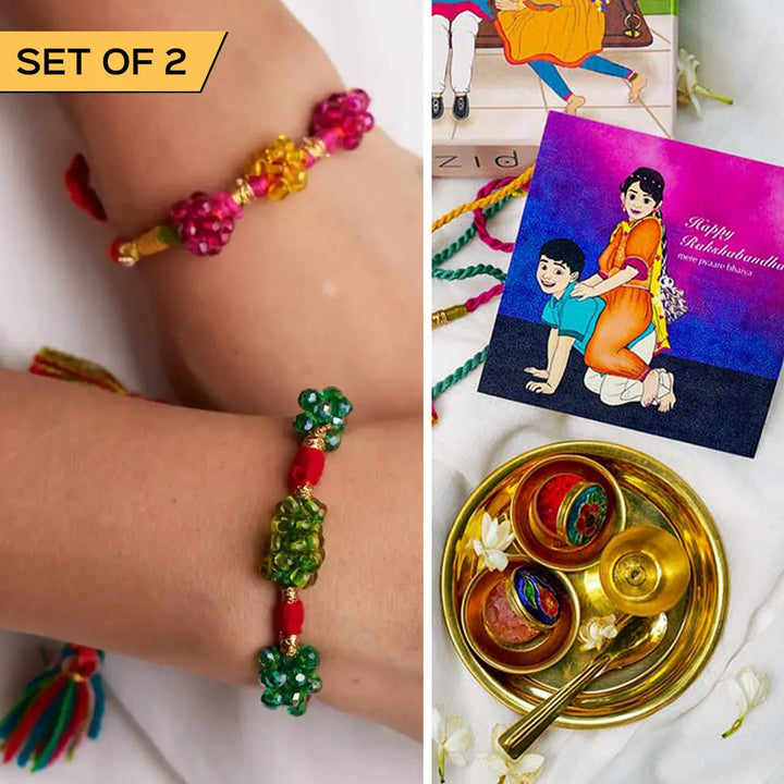 2 pc Rakhi + Brass Thali Set | Premium Zuzu Beaded Green & Pink Rakhi Set with Roli Chawal
