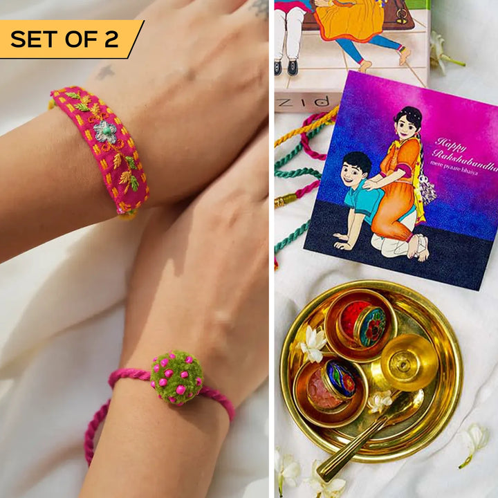 2 pc Rakhi + Brass Thali Set | Premium Pom Pom Toli Embroidered & Beaded Rakhi Set with Roli Chawal