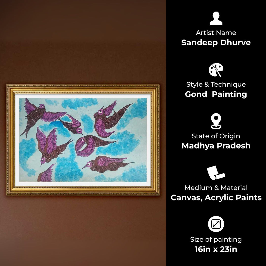 16 x 23 Inch | Playing Birds In Sky | Original Hand Painted Tribal Gond Art Painting | Acrylic Paints On Paper