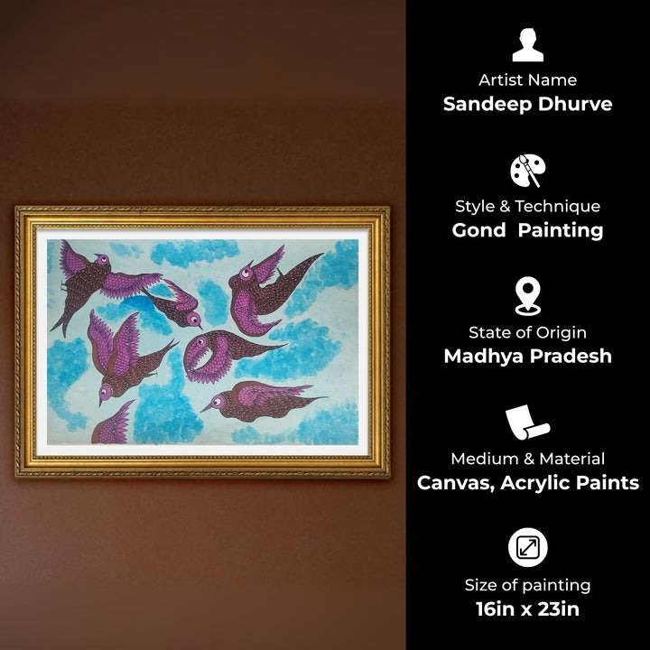 16 x 23 Inch | Playing Birds In Sky | Original Hand Painted Tribal Gond Art Painting | Acrylic Paints On Paper