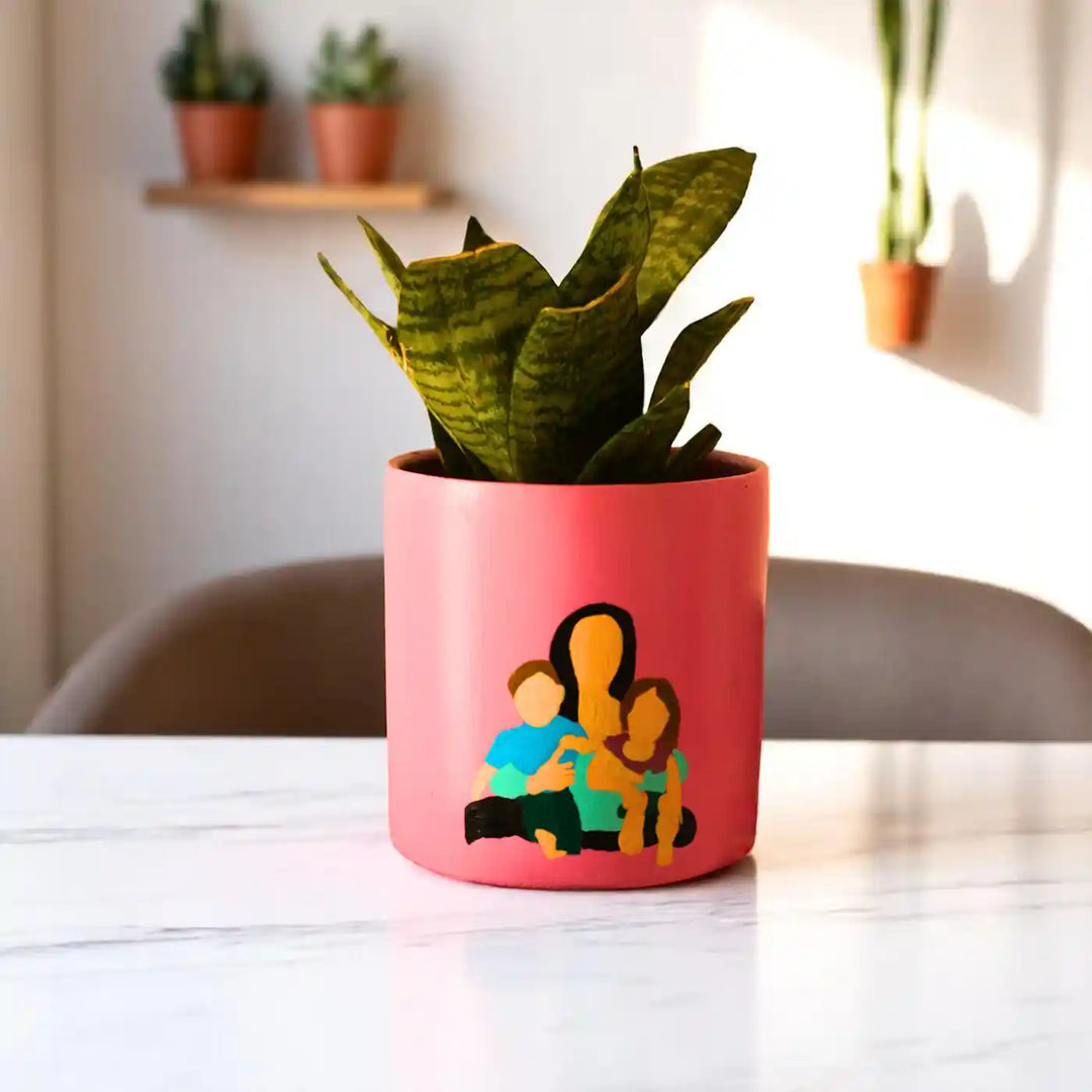 Customized Hand-Painted Mother With Two Kids Terracotta Planter