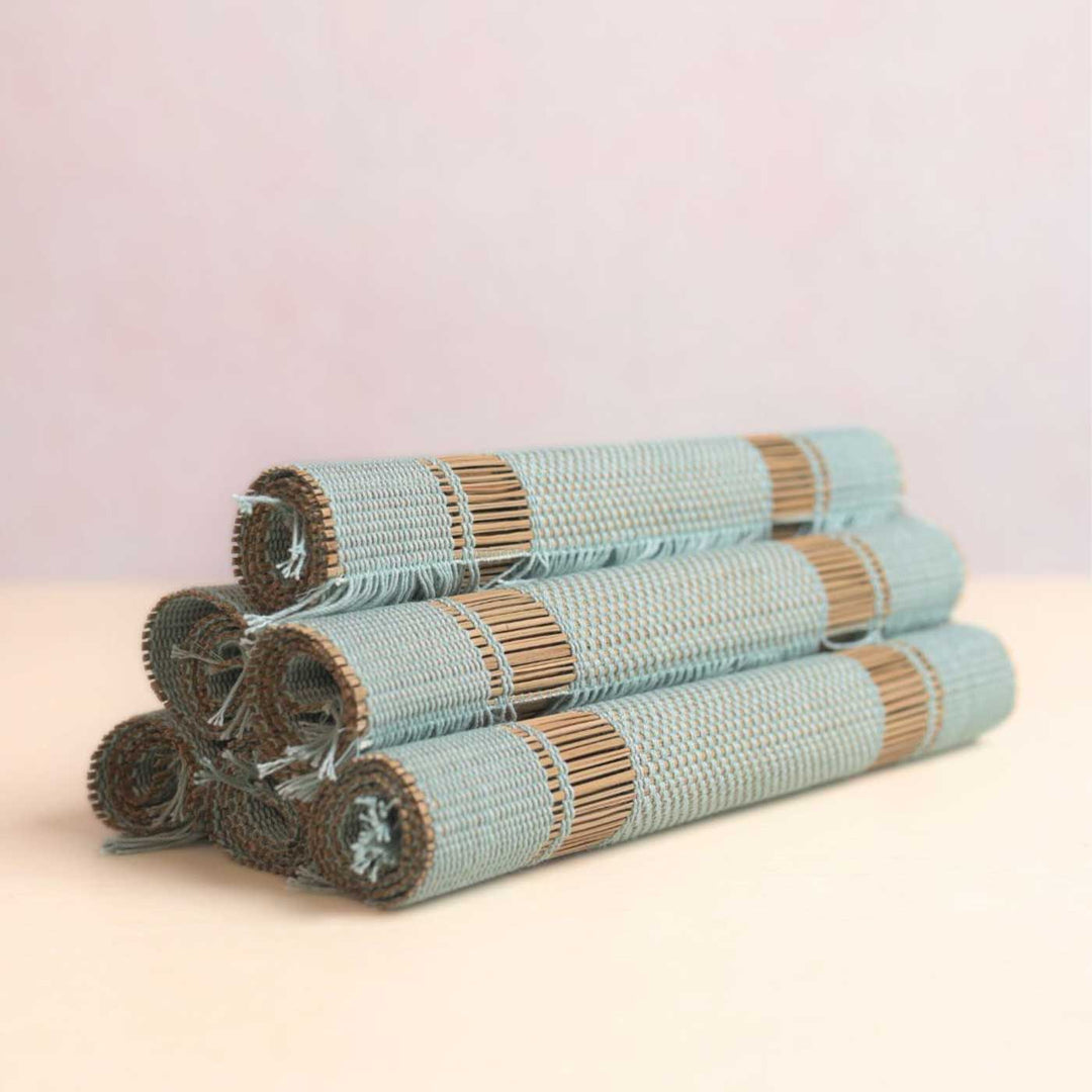 Hand Woven Double Striped Madhurkati Green Table Mat | 15 x 11 inch