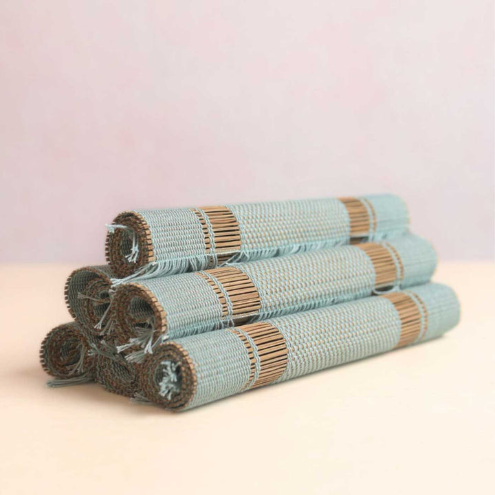 Hand Woven Double Striped Madhurkati Green Table Mat | 15 x 11 inch