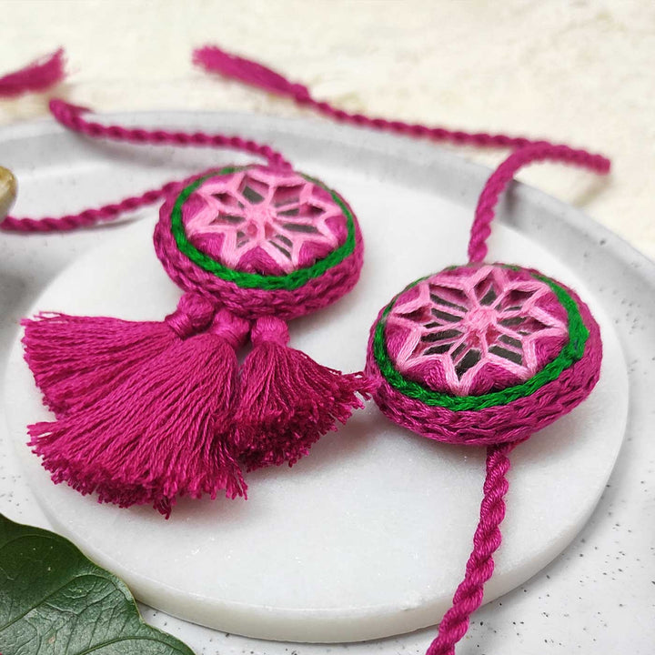 Customized Handmade Mirror Work Cotton Bhaiya Bhabhi Rakhi With Roli Chawal - Front View with Decorative Setup (7)