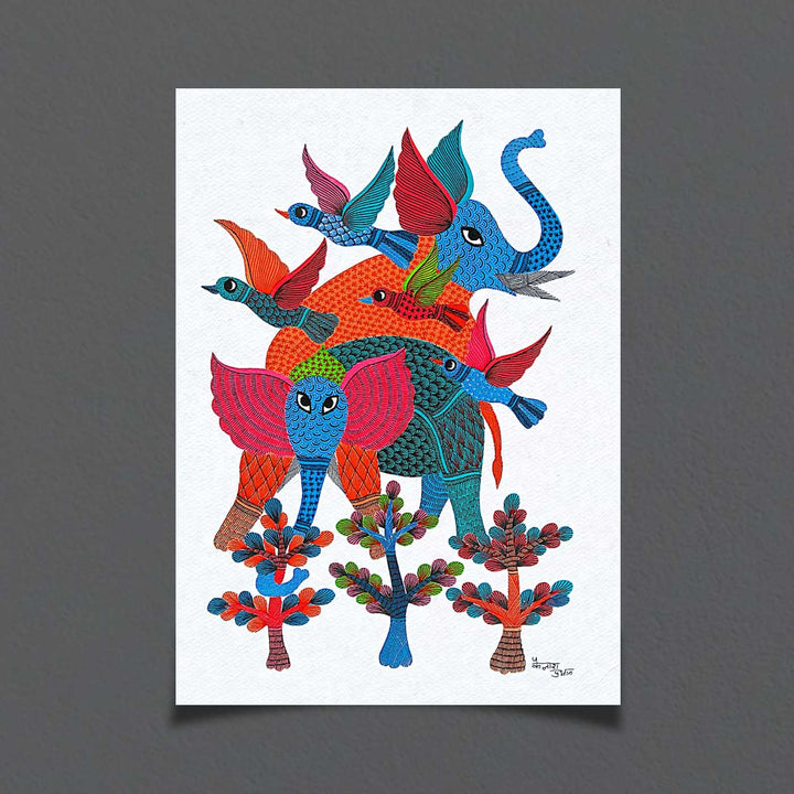 11 x 15 Inch | Colorful Elephant & Birds in Harmony | Original Hand painted Tribal Gond Art Painting | Acrylic Paints On Paper