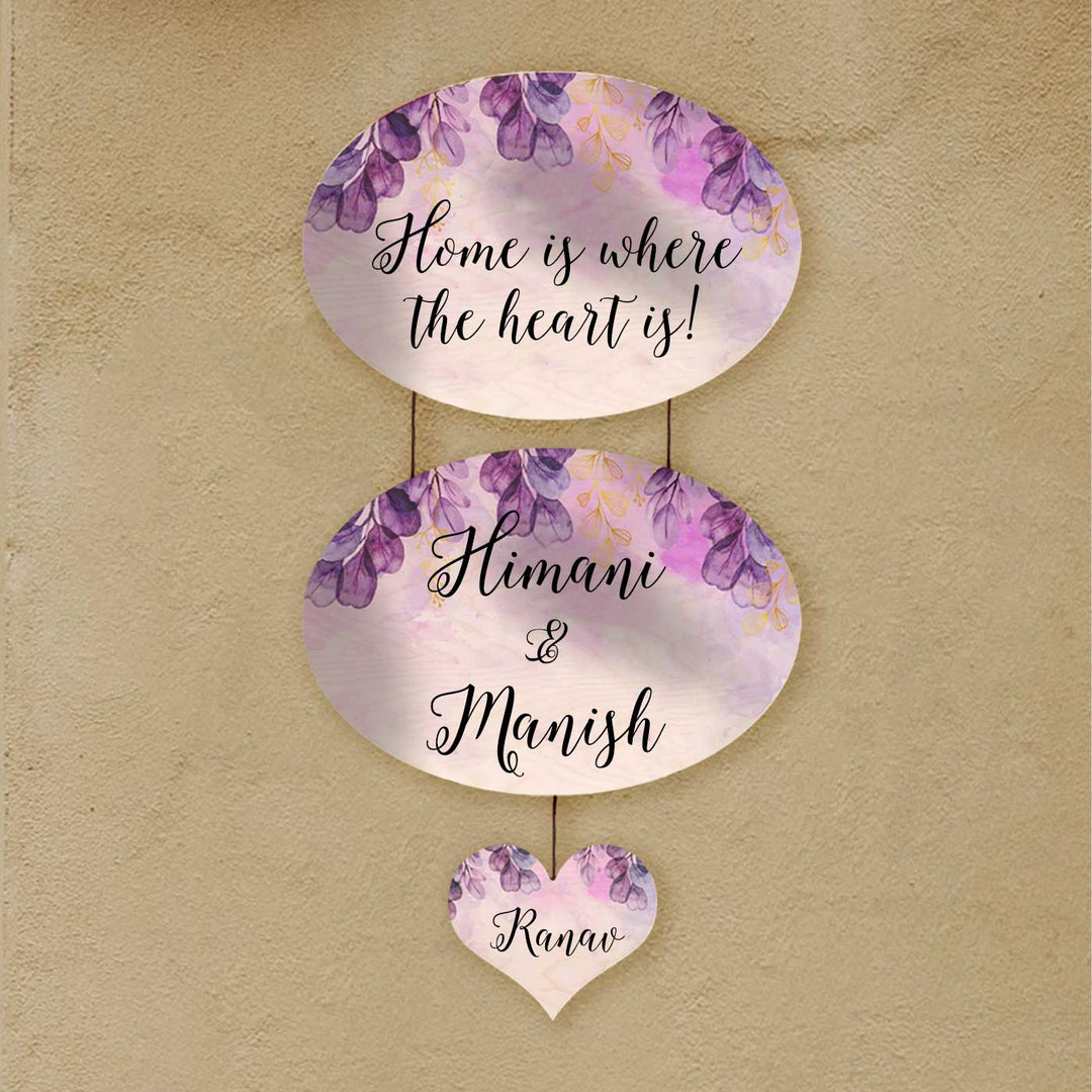 Printed Purple Spring Floral Wooden Oval Nameplate - Hanging on Wall with Strings