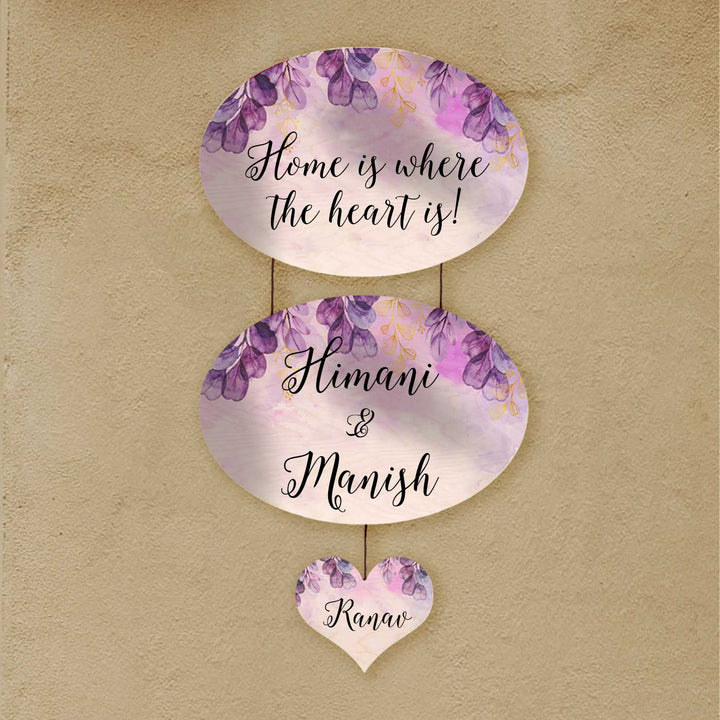 Printed Purple Spring Floral Wooden Oval Nameplate - Hanging on Wall with Strings
