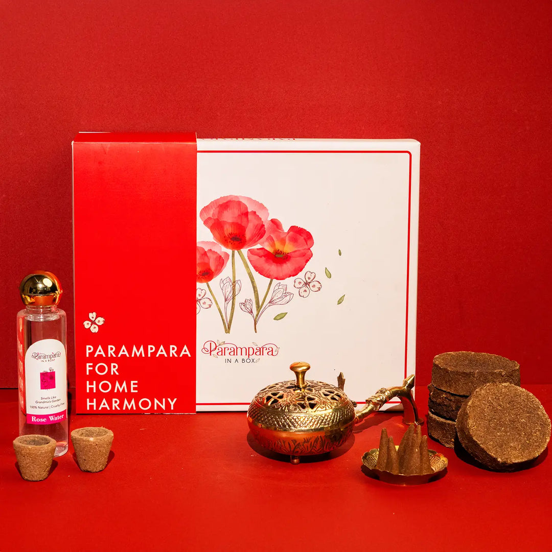 Home Harmony Diwali Gift Hamper | Includes 1 Dhoop Cones Pack, 1 Incense Burner, 1 Rose Water, 1 Havan Cups Pack, 5 Cow Dung Cakes