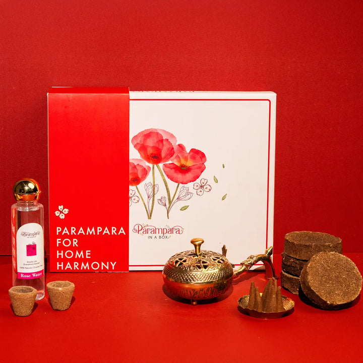 Home Harmony Diwali Gift Hamper | Includes 1 Dhoop Cones Pack, 1 Incense Burner, 1 Rose Water, 1 Havan Cups Pack, 5 Cow Dung Cakes