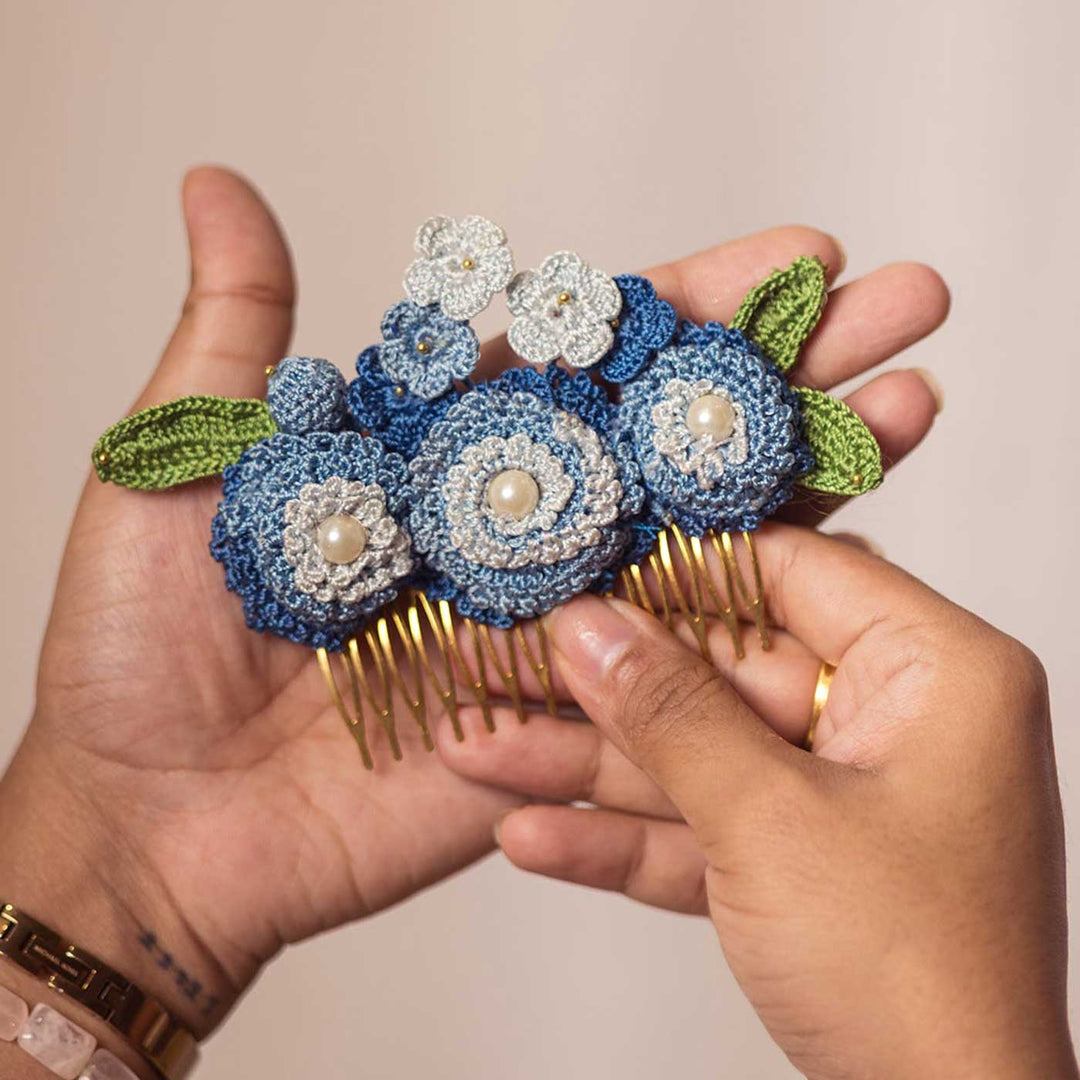 Handmade Crochet Guncha Blue Daisy Bush Hair Comb Pin