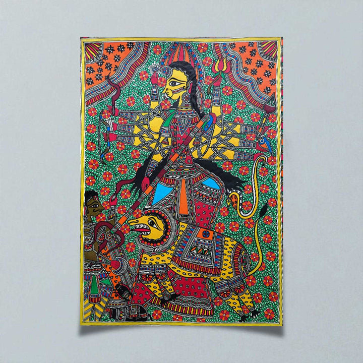 22 x 30 Inch | Durga Mahishasura Mardini | Original Hand Painted Madhubani Painting | Natural Pigments On Paper